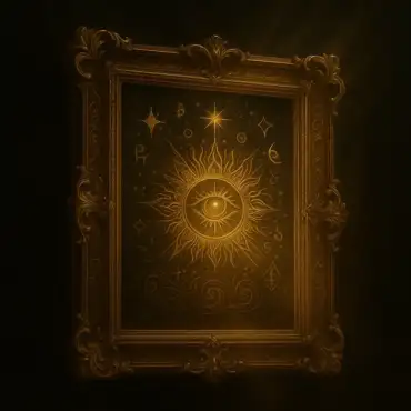 Arcana Visio: Эзотерический портал — Таро, астрология, нумерология 14 Золотая резная рама парит в космосе, внутри символы и солнце-око