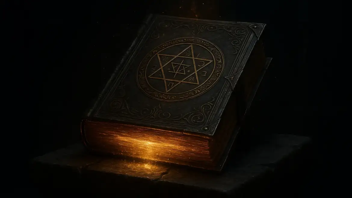 Древний гримуар "Ключи Соломона" лежит на алтаре, его страницы светятся золотом.