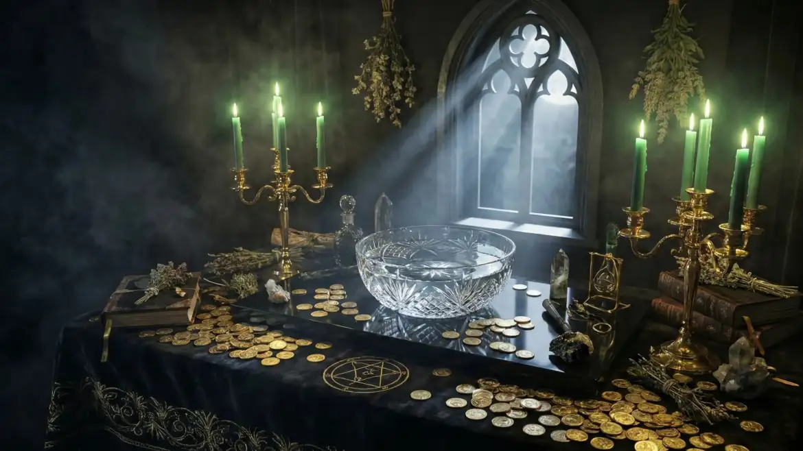 Алтарь для денежного ритуала на новолуние с зелеными свечами и монетами.