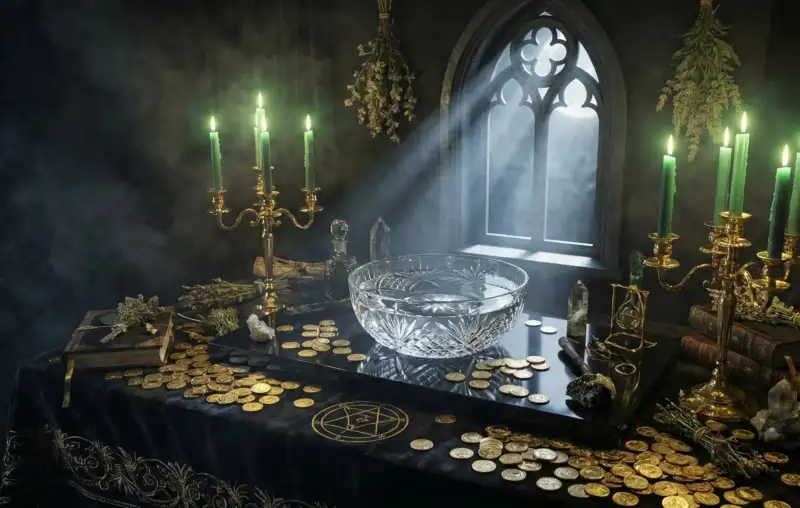 Алтарь для денежного ритуала на новолуние с зелеными свечами и монетами.