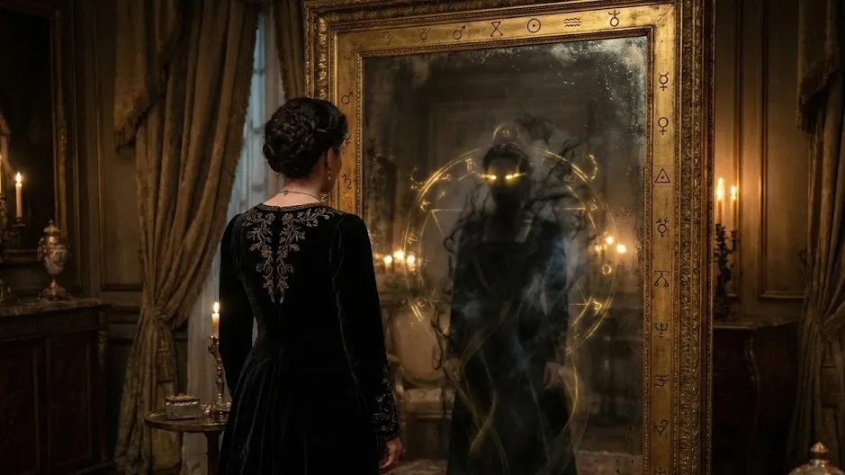 Женщина смотрит в зеркало на свою теневую сторону