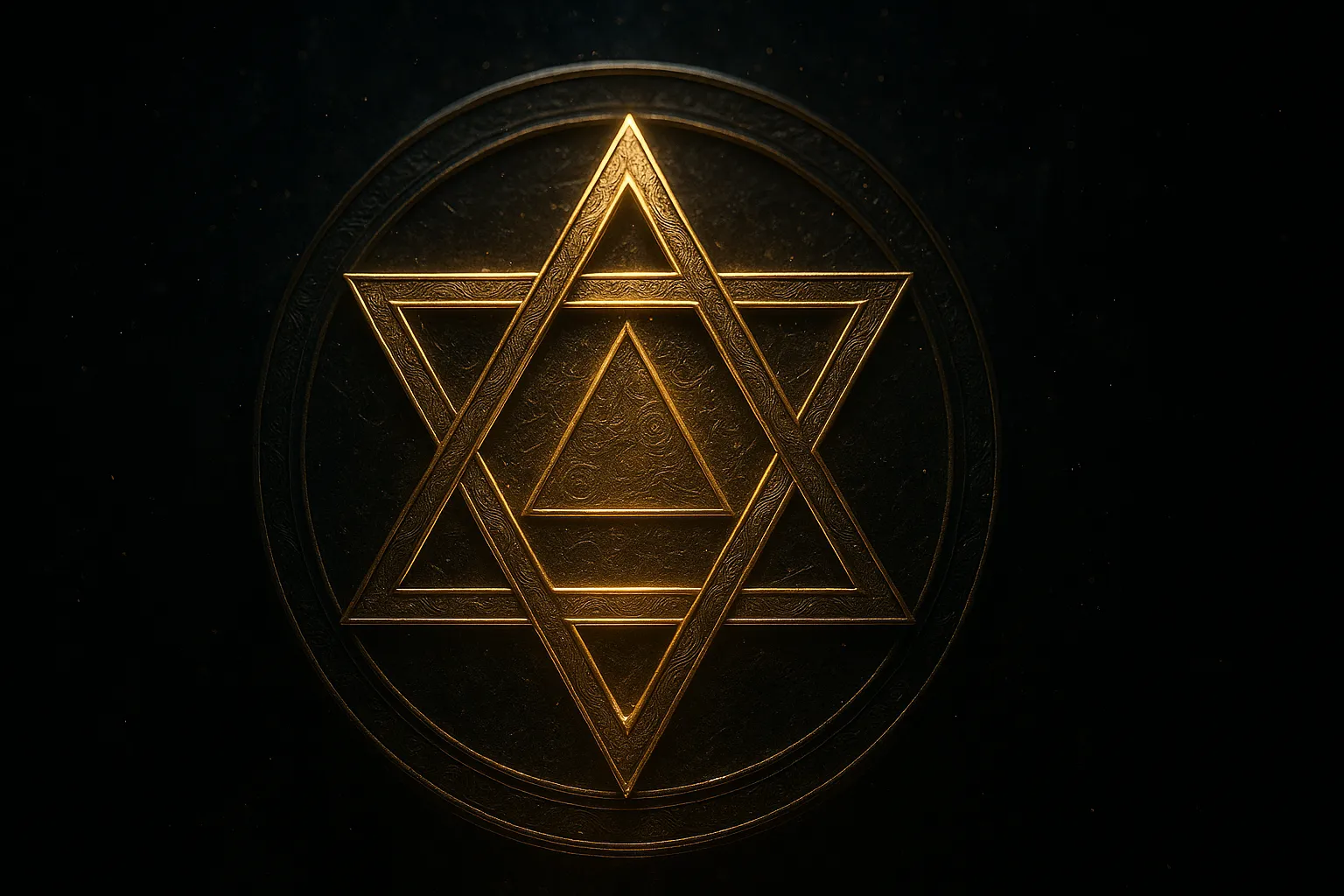 Светящаяся золотая Печать Соломона на темном космическом фоне.