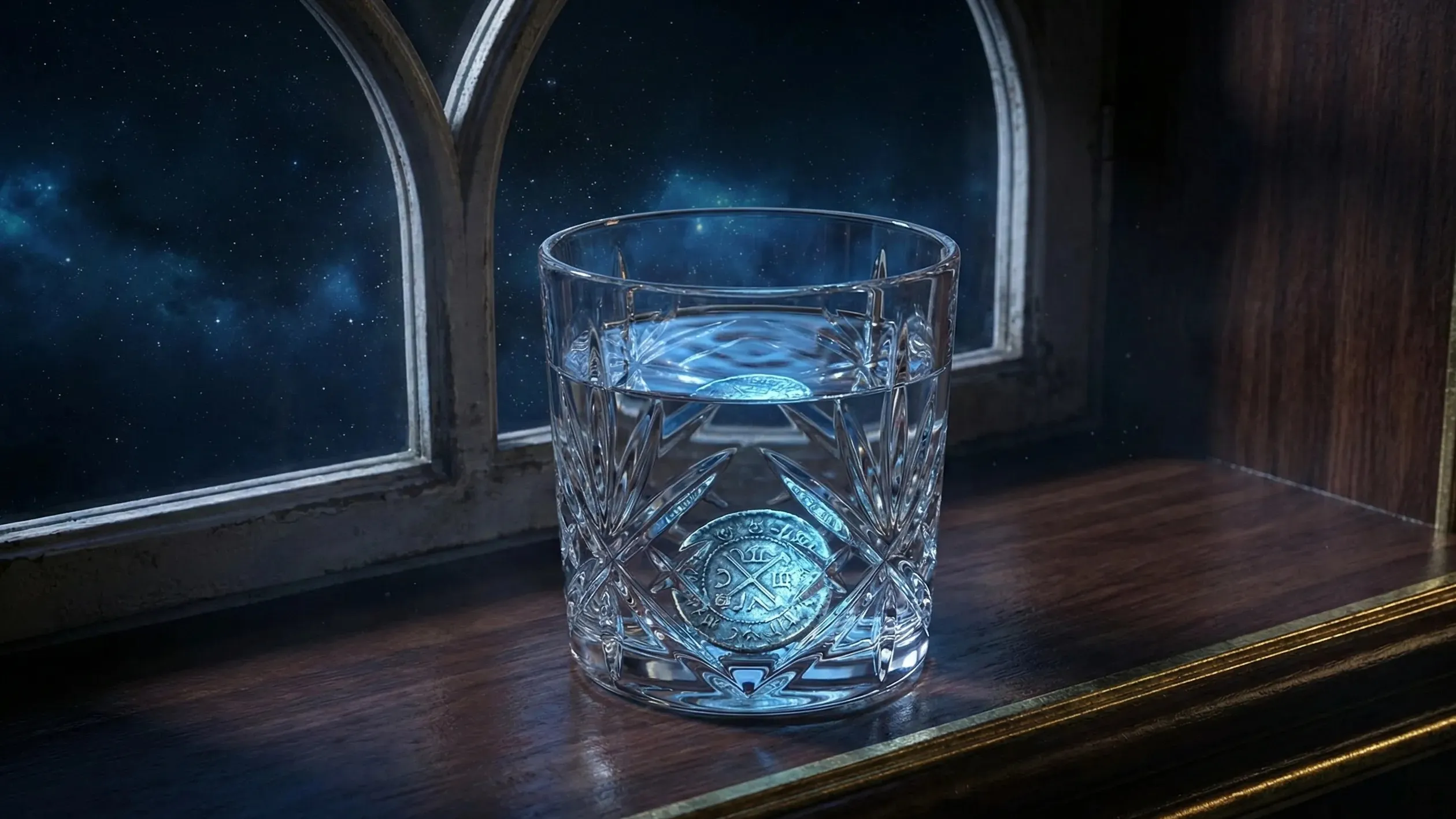 10 Денежных ритуалов на новолуние: магия свечей, воды и слова для привлечения богатства 2 Стакан с лунной водой и монетой на подоконнике.