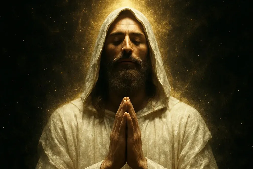 Маг в белых одеждах молится, его окружает золотое свечение ритуальной чистоты.