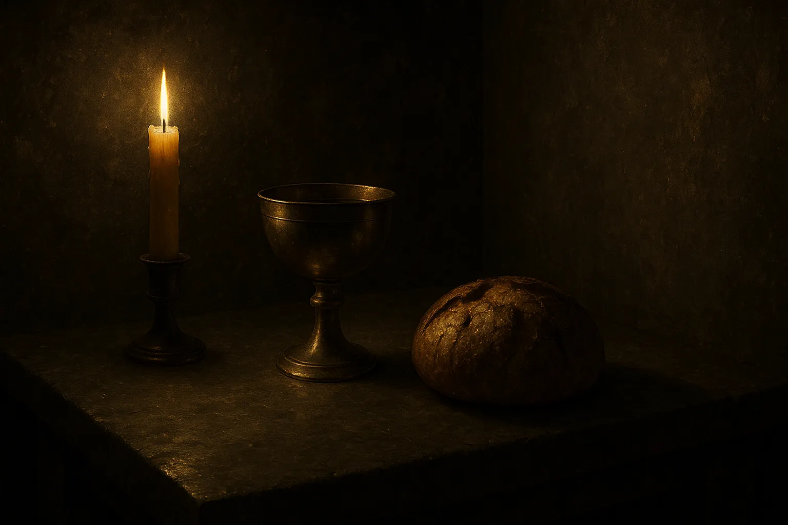 Ритуальные предметы для аскезы мага: свеча, вода и хлеб на алтаре.