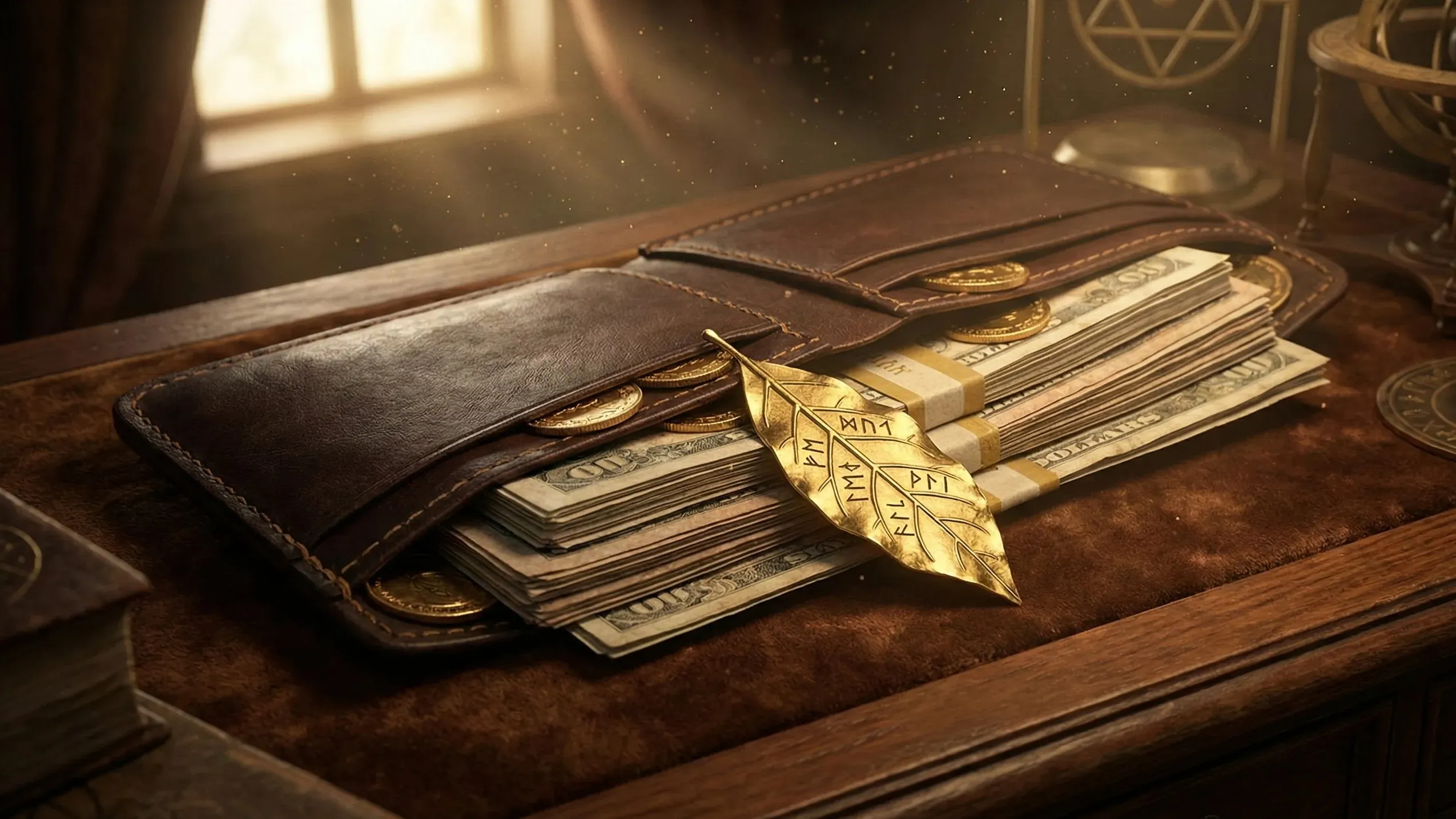 10 Денежных ритуалов на новолуние: магия свечей, воды и слова для привлечения богатства 4 Кошелек с деньгами и лавровым листом.