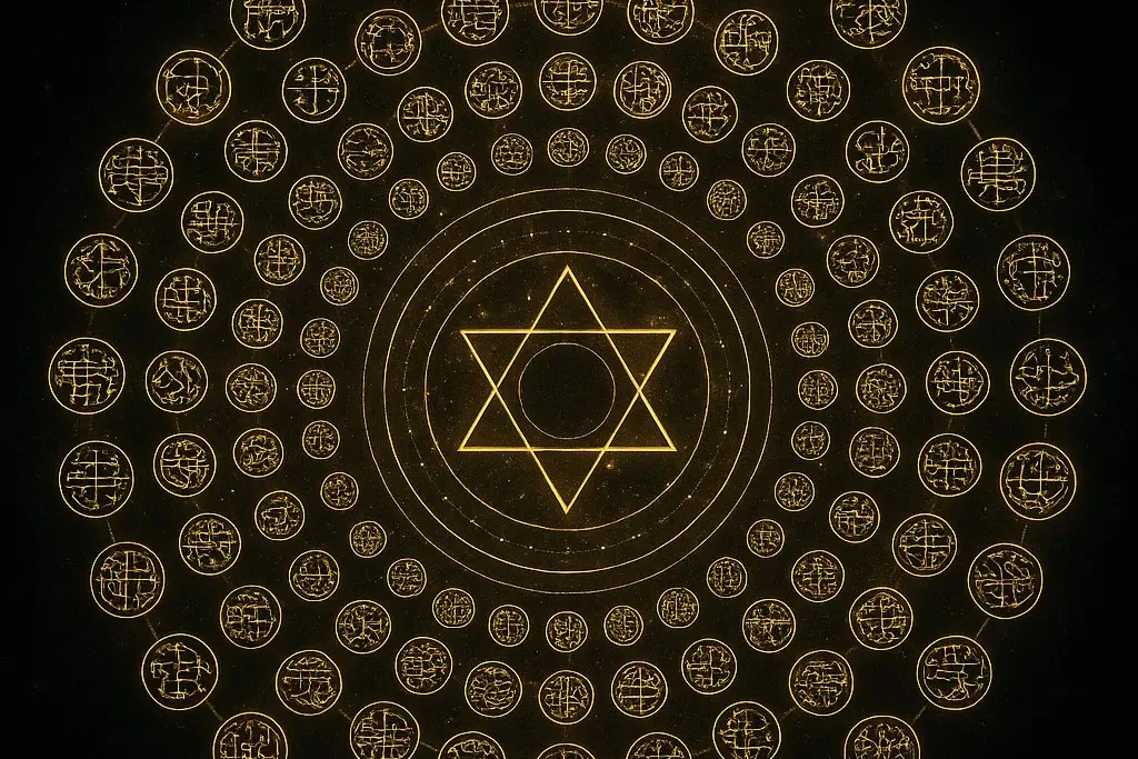 72 печати духов Гоетии, светящиеся золотом на темном фоне.