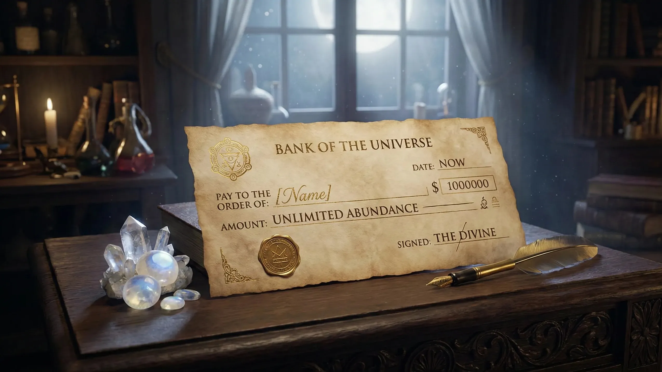 10 Денежных ритуалов на новолуние: магия свечей, воды и слова для привлечения богатства 5 Заполненный чек изобилия на магическом алтаре.