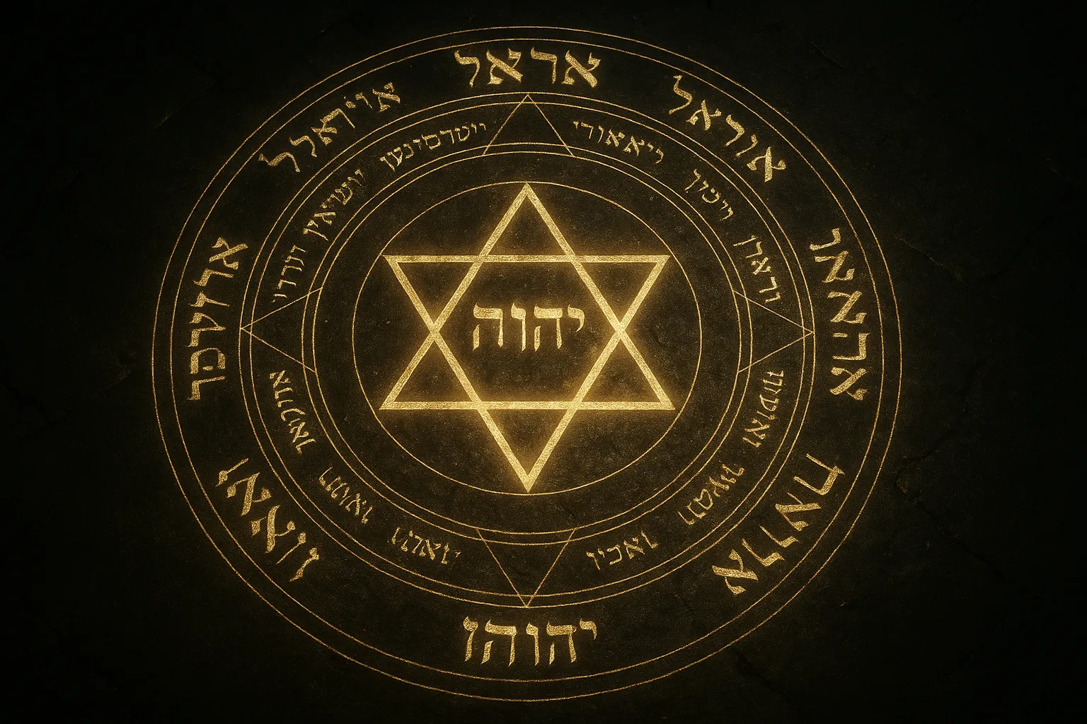 Сложный магический круг Соломона, светящийся золотом на полу.