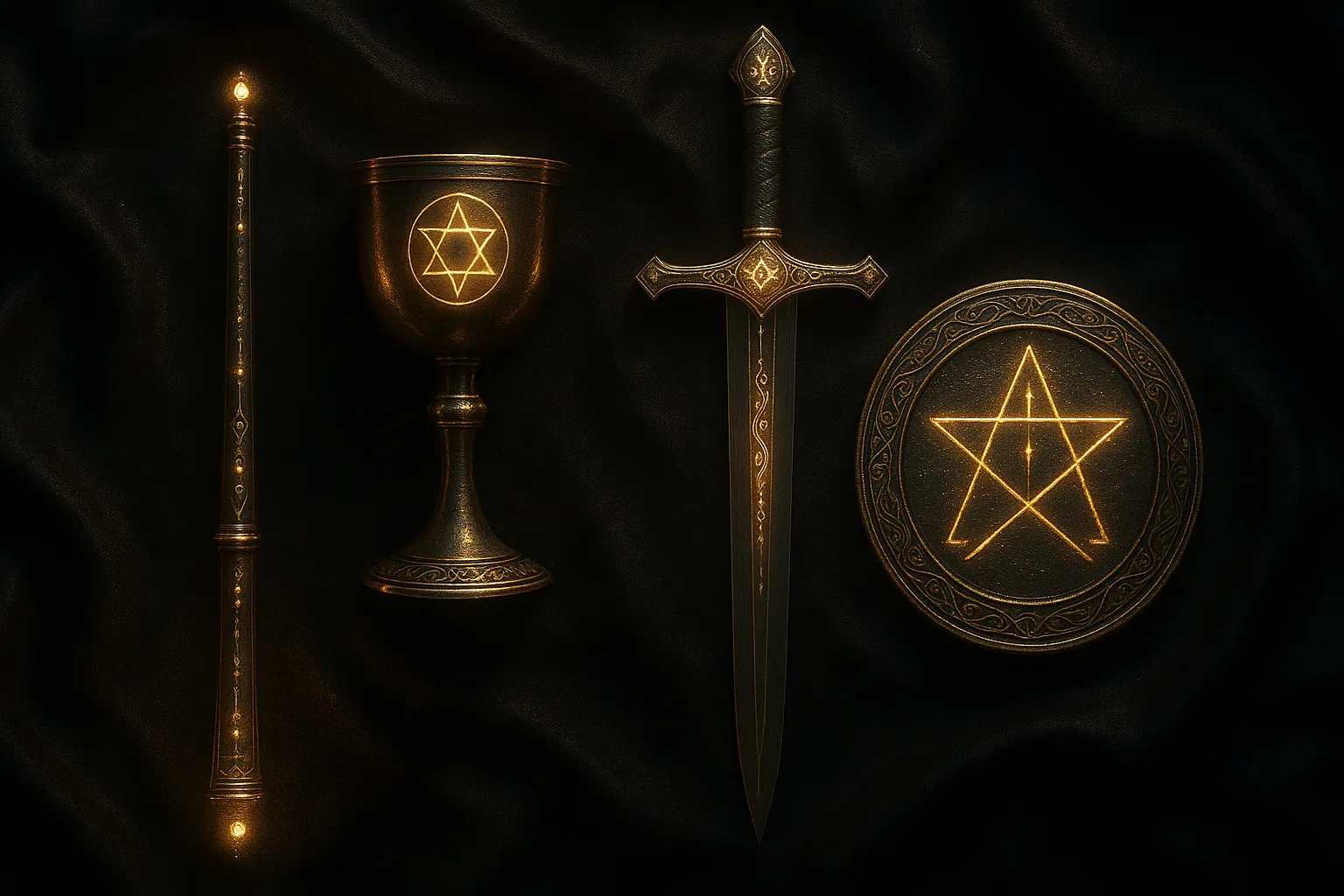 Четыре освященных магических инструмента: жезл, чаша, меч и пентакль.