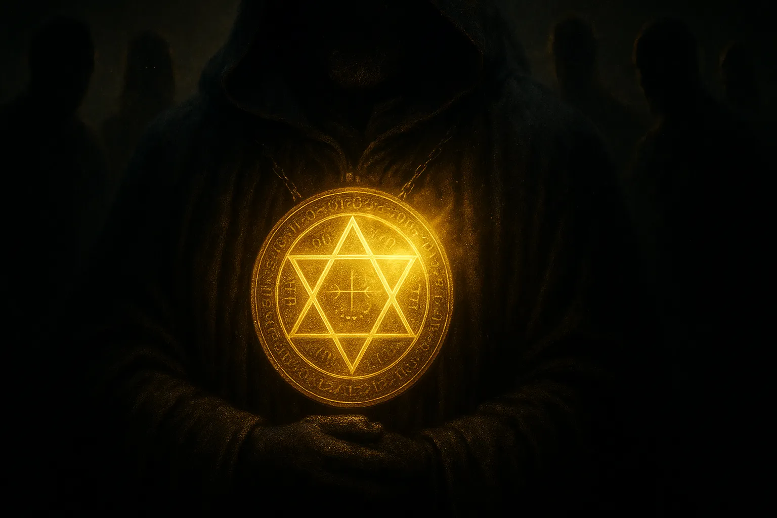 Пентакль Соломона на груди мага светится золотым светом, отгоняя тени.