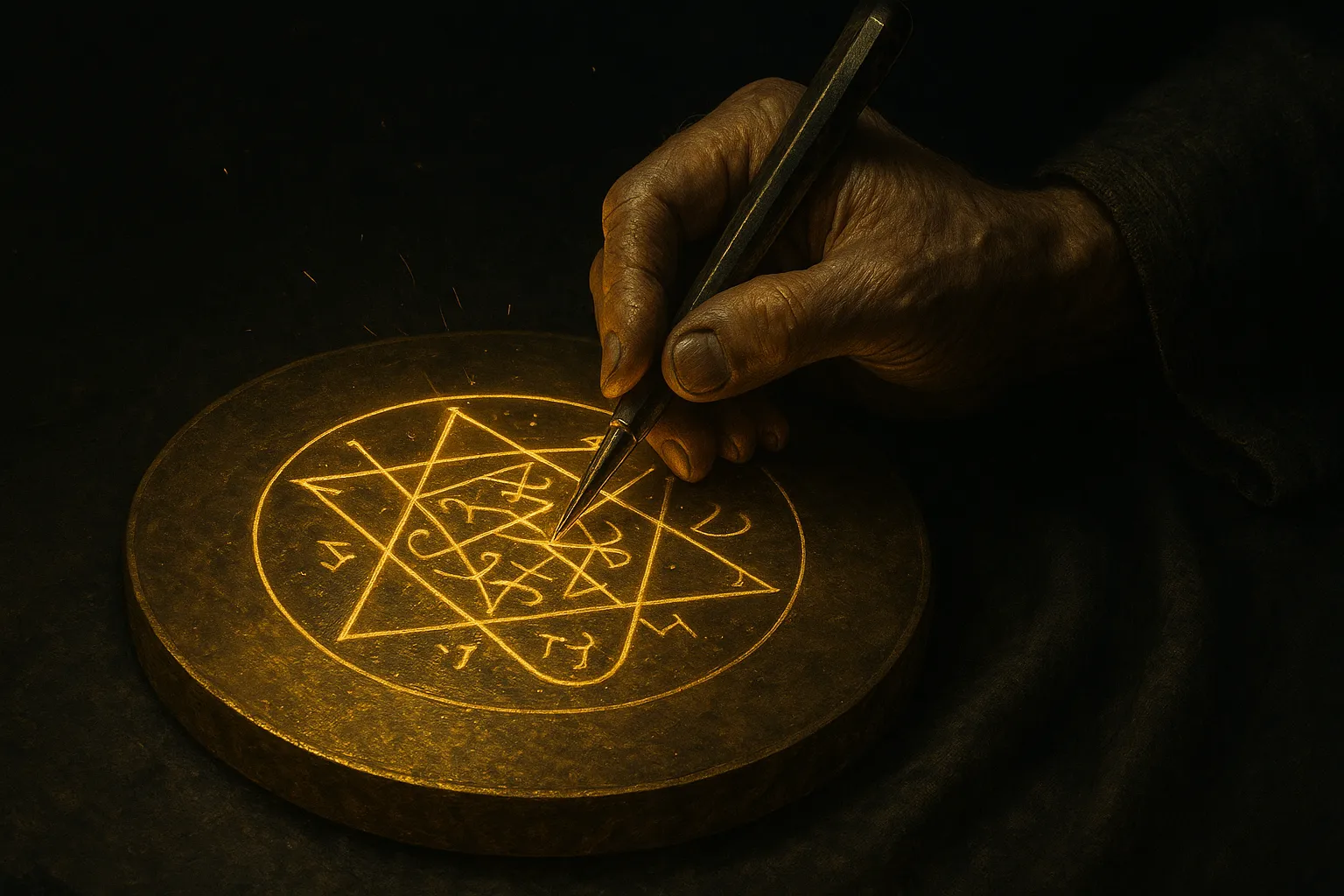 Рука вырезает магическую печать духа на золотом диске.