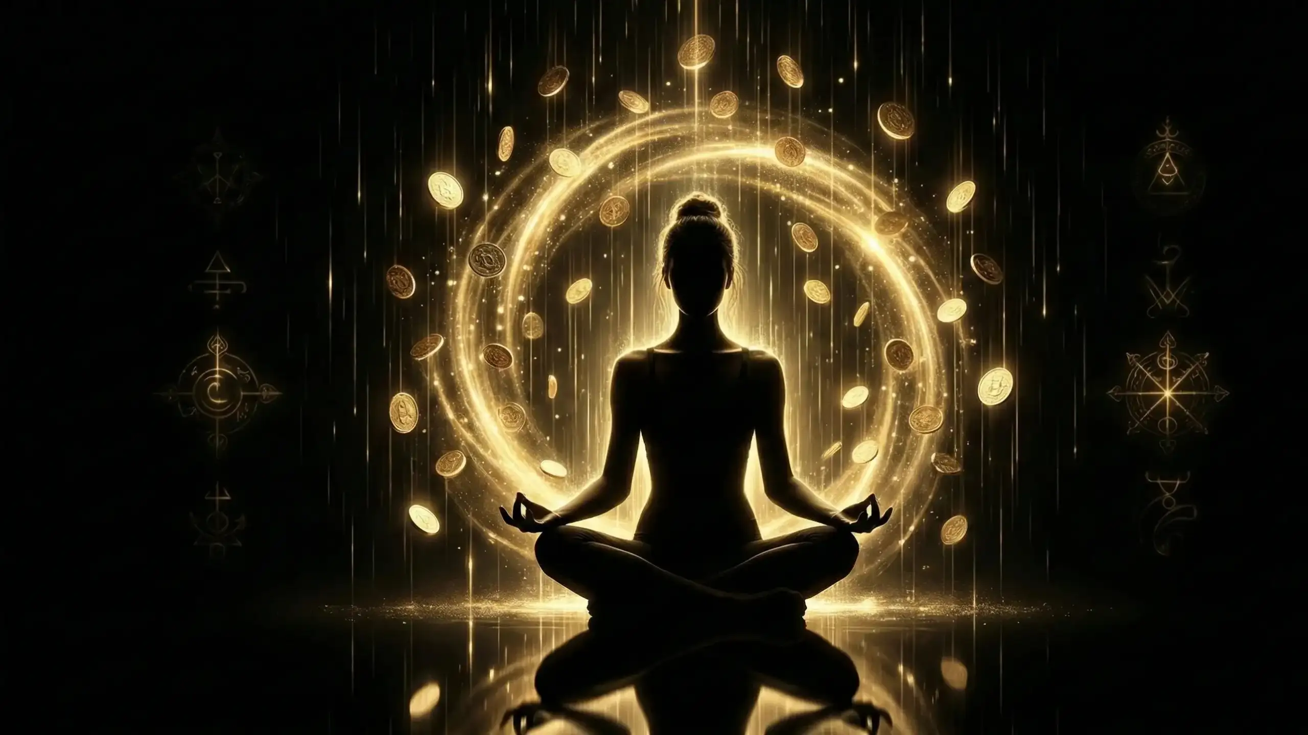 10 Денежных ритуалов на новолуние: магия свечей, воды и слова для привлечения богатства 10 Девушка медитирует под золотым денежным дождем.