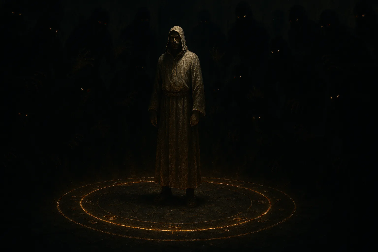 Маг стоит в магическом круге, а страшные тени не могут проникнуть внутрь.