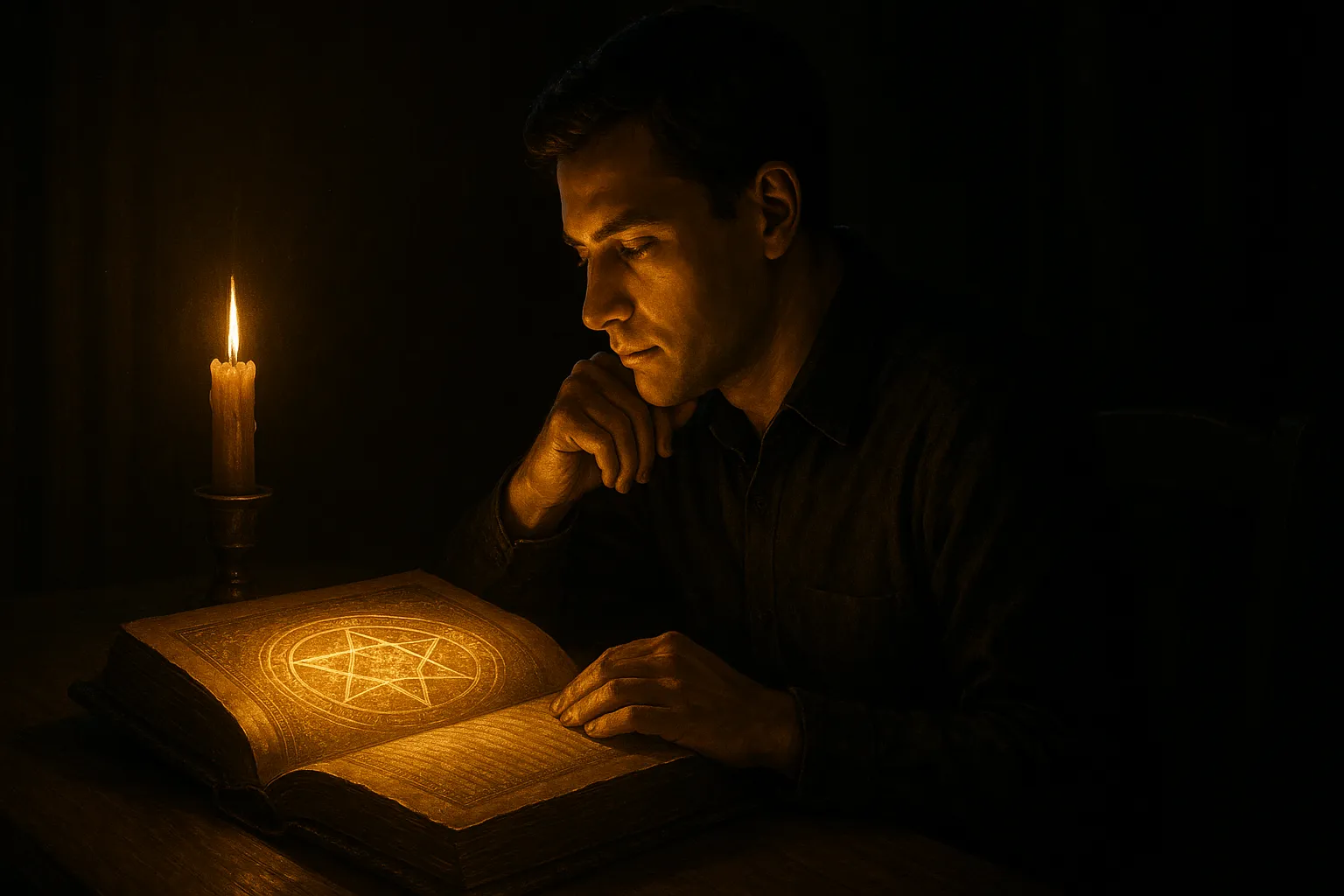 Современный искатель при свечах изучает гримуар "Ключи Соломона".