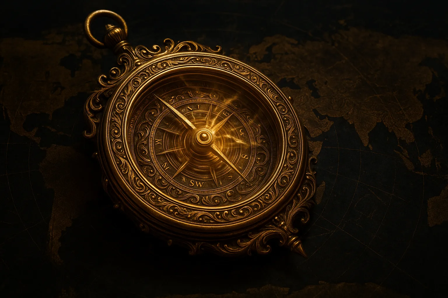 Золотой компас на карте мира, символ числа 5.