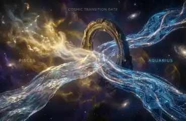 Смена кармических узлов с Рыб на Водолея в 2026 году, астрологическая иллюстрация.