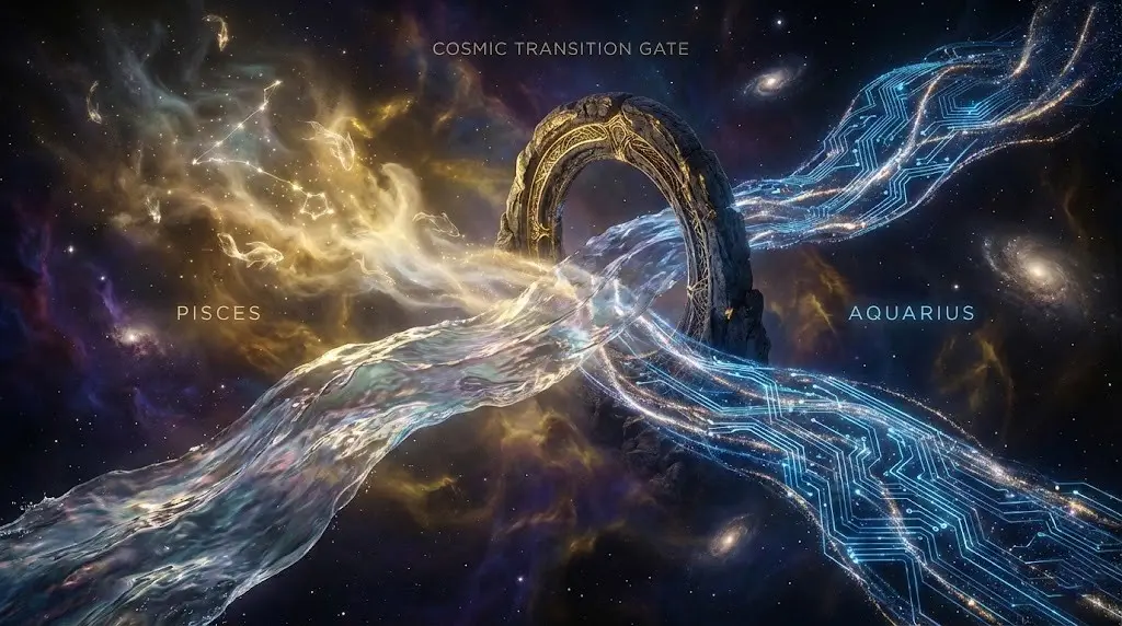 Смена кармических узлов с Рыб на Водолея в 2026 году, астрологическая иллюстрация.