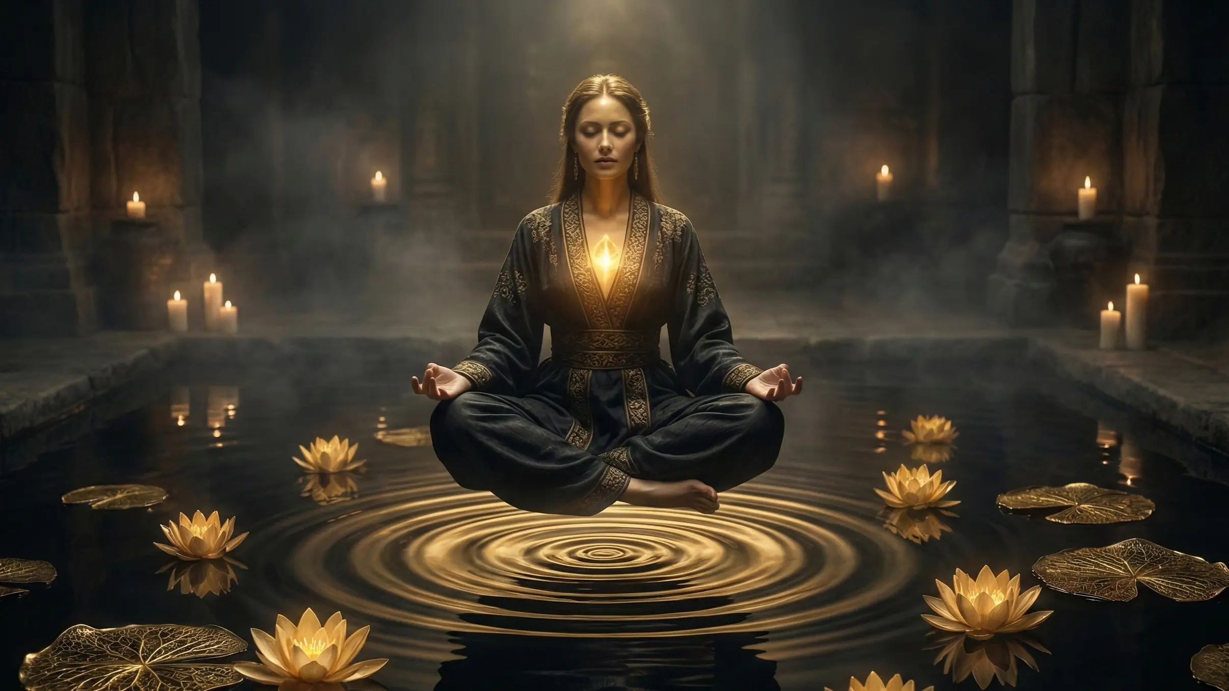Женщина в позе лотоса парит над водой, излучая золотой свет, символ глубокой медитации.