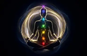 Светящийся силуэт женщины с 7 активными чакрами и золотой аурой.
