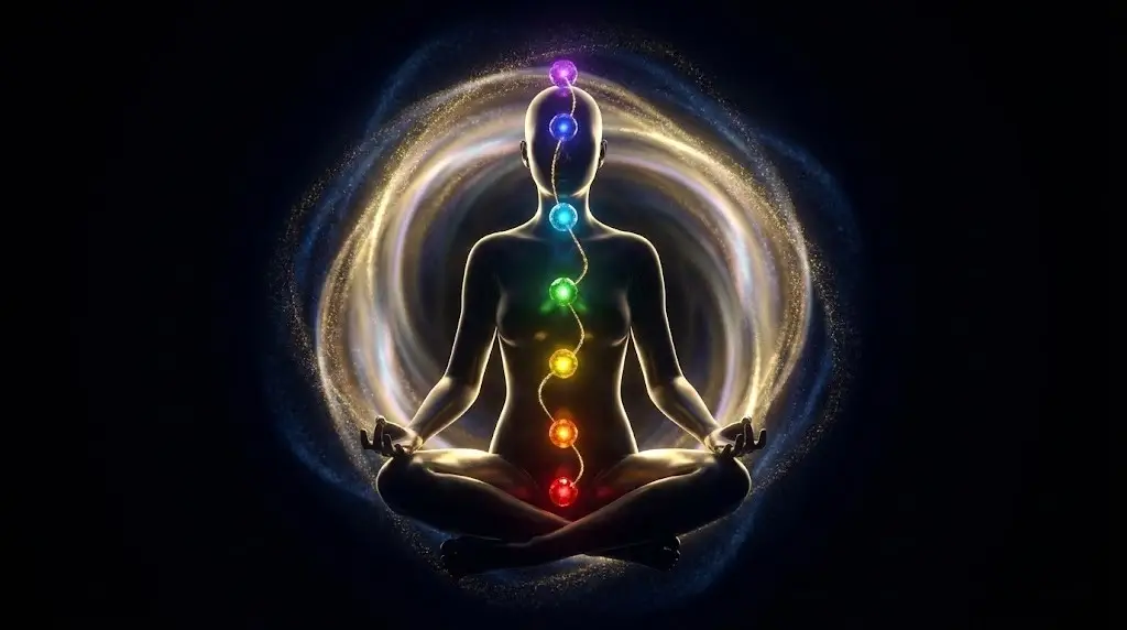 Светящийся силуэт женщины с 7 активными чакрами и золотой аурой.