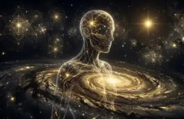 Человек из светящихся нейронов и звездной пыли, символизирующий связь мозга и вселенной.