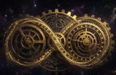 Золотой часовой механизм в космосе в форме знака бесконечности, символизирующий закон Кармы.