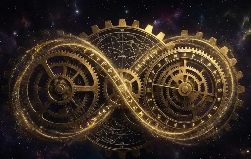 Золотой часовой механизм в космосе в форме знака бесконечности, символизирующий закон Кармы.