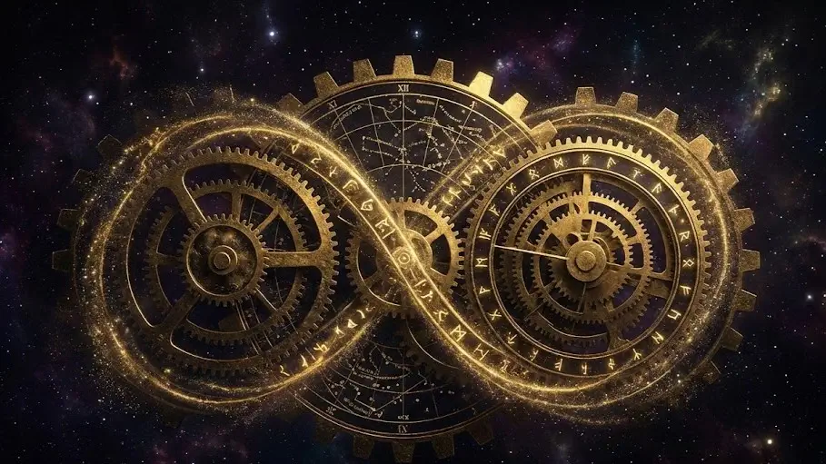 Золотой часовой механизм в космосе в форме знака бесконечности, символизирующий закон Кармы.