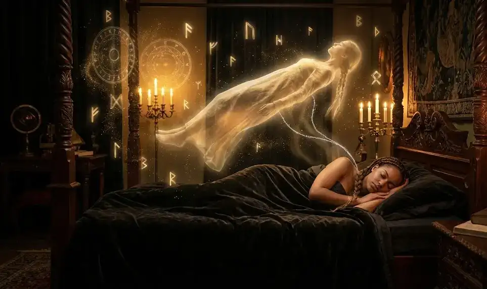 Светящееся золотое астральное тело отделяется от спящей женщины, соединенное серебряной нитью.