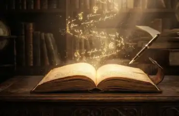 Открытый старинный дневник на столе, написанные слова превращаются в золотой магический свет, символизируя силу письма.
