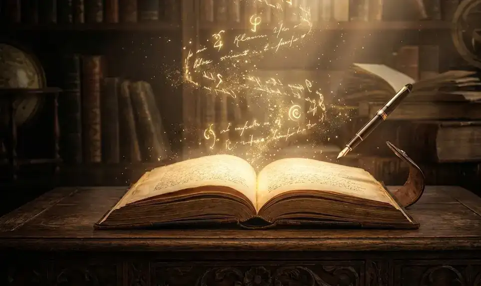 Открытый старинный дневник на столе, написанные слова превращаются в золотой магический свет, символизируя силу письма.