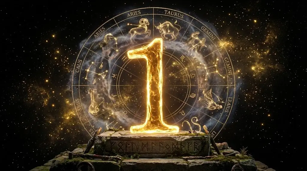 Золотое число 1 и мистическое Колесо Фортуны, символизирующие нумерологический прогноз на 2026 год.
