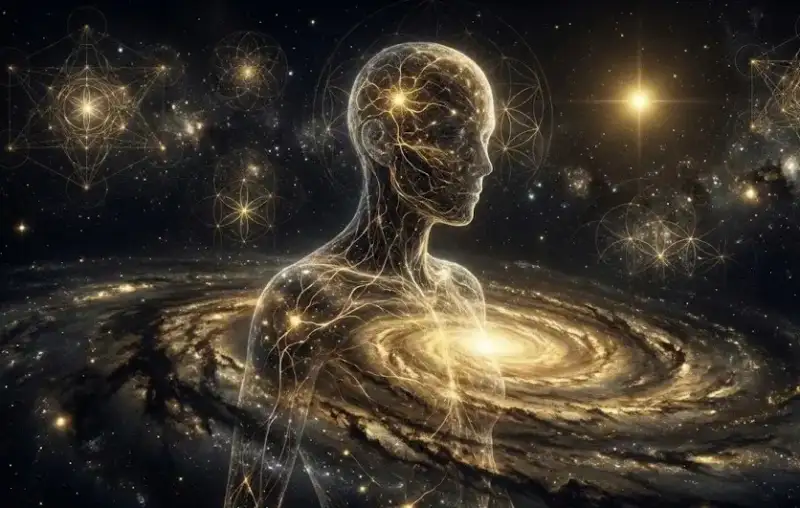 Человек из светящихся нейронов и звездной пыли, символизирующий связь мозга и вселенной.