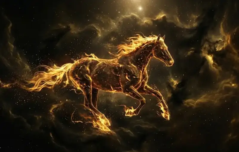 Величественная Красная Огненная Лошадь в космическом пространстве — символ 2026 года.