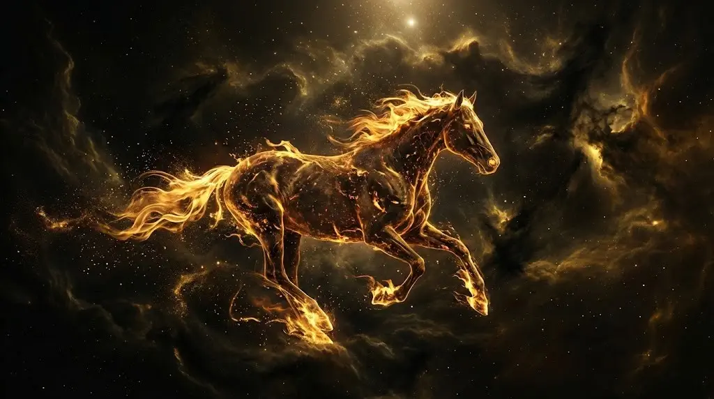 Величественная Красная Огненная Лошадь в космическом пространстве — символ 2026 года.