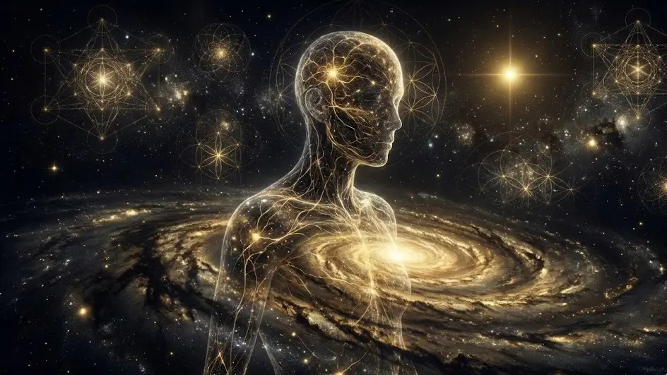 Человек из светящихся нейронов и звездной пыли, символизирующий связь мозга и вселенной.
