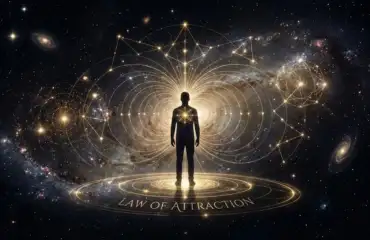 Силуэт человека, излучающего золотые магнитные волны во Вселенную.