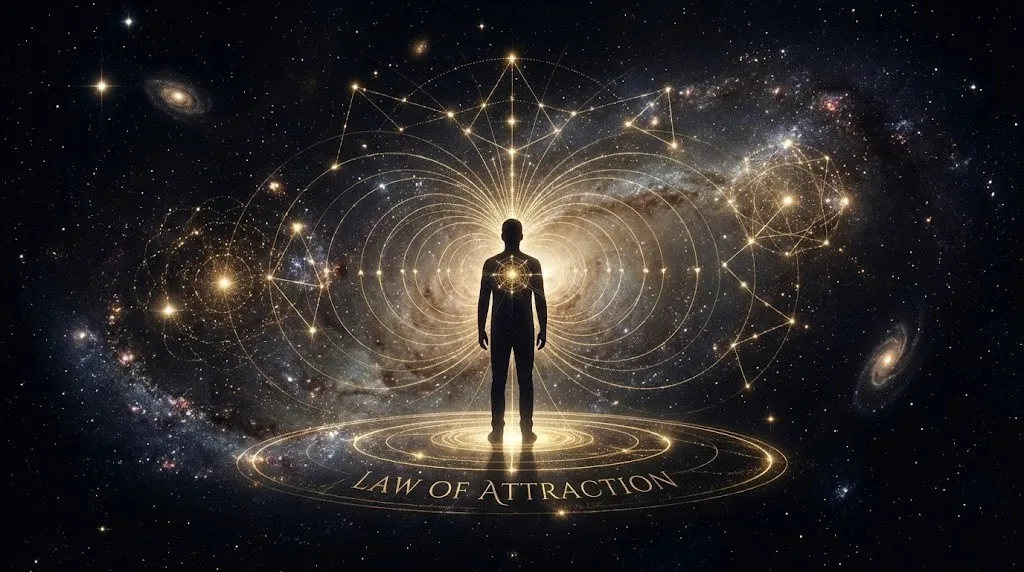 Силуэт человека, излучающего золотые магнитные волны во Вселенную.