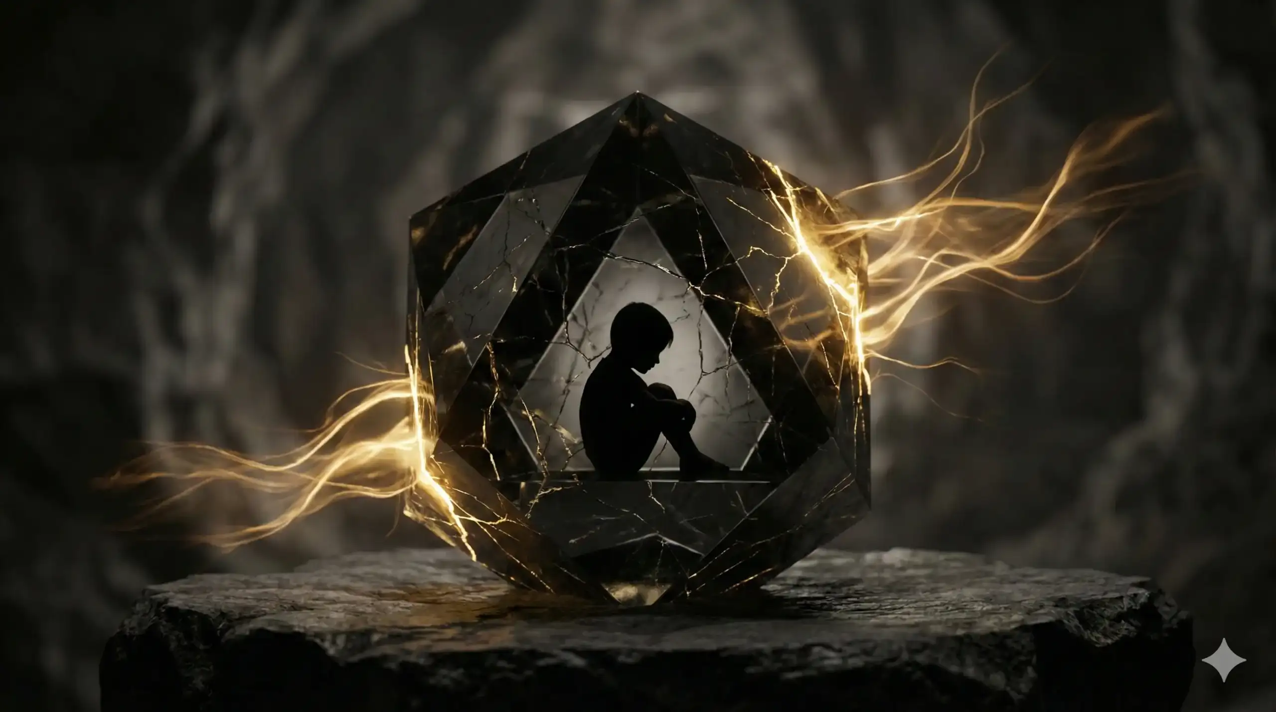 Одинокий ребенок внутри темного кристалла, символ детской травмы и замкнутости.