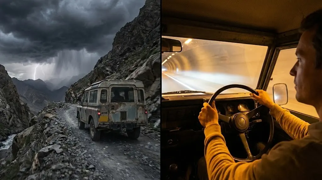 Старый автомобиль на горной дороге и руки водителя, управляющие светом, метафора управления судьбой.