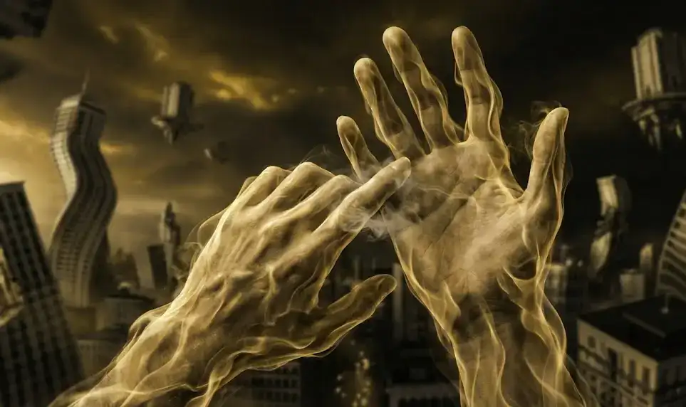 Сюрреалистичный взгляд на руки во время осознанного сна, пальцы меняют форму и проходят сквозь ладонь.