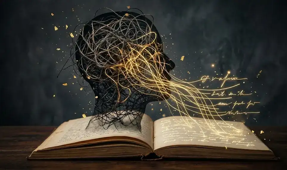 Ведение Дневника как Инструмент Самопознания: 7 Техник для Диалога с Душой 2 Концептуальная иллюстрация: хаос мыслей в голове превращается в структурированные золотые линии на бумаге.