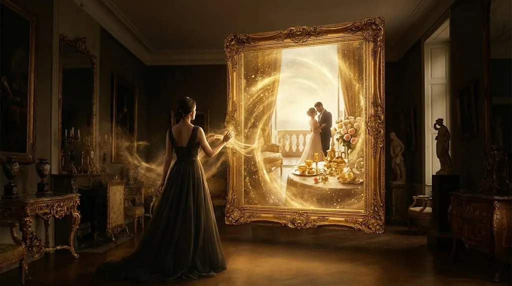 Закон Притяжения: Научный и эзотерический взгляд на создание реальности 2 Женщина смотрит в магическое зеркало, материализующее её желания.