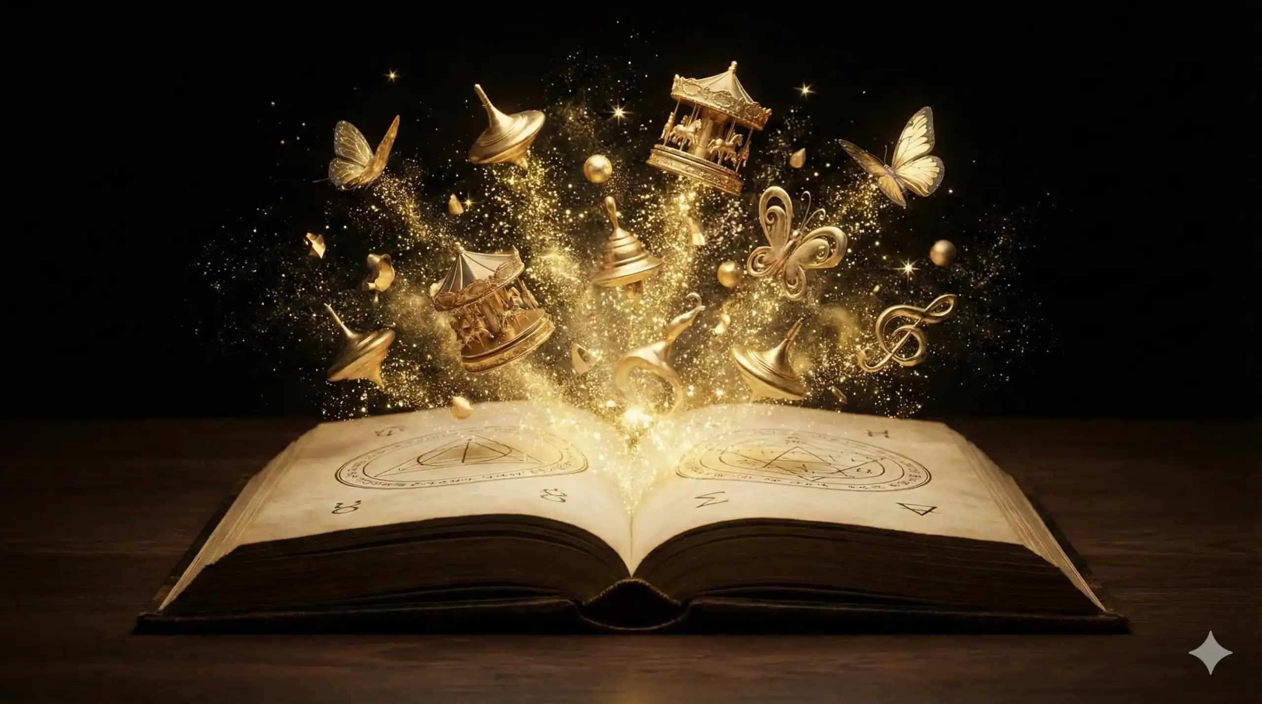 Магический взрыв золотой пыли в форме игрушек, символ возвращения творческой энергии.