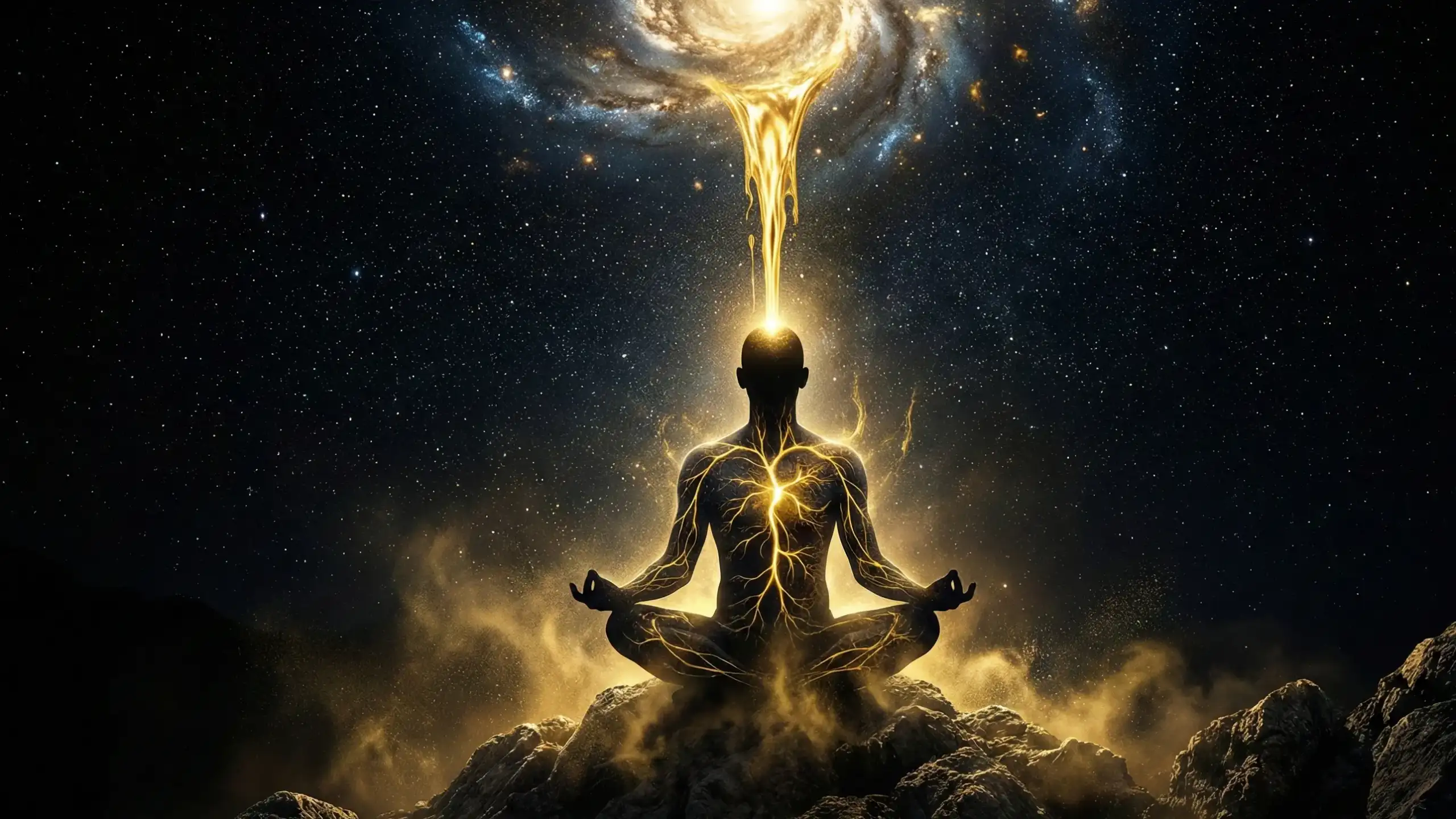 Поток золотой космической энергии входит в макушку медитирующего человека.