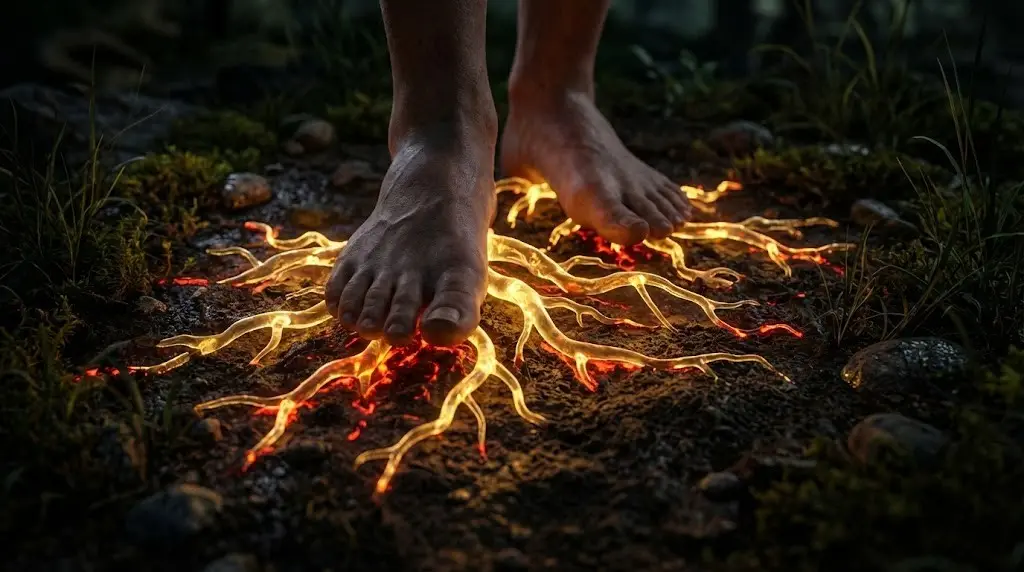 Светящиеся золотые корни уходят из ног в землю, практика заземления.