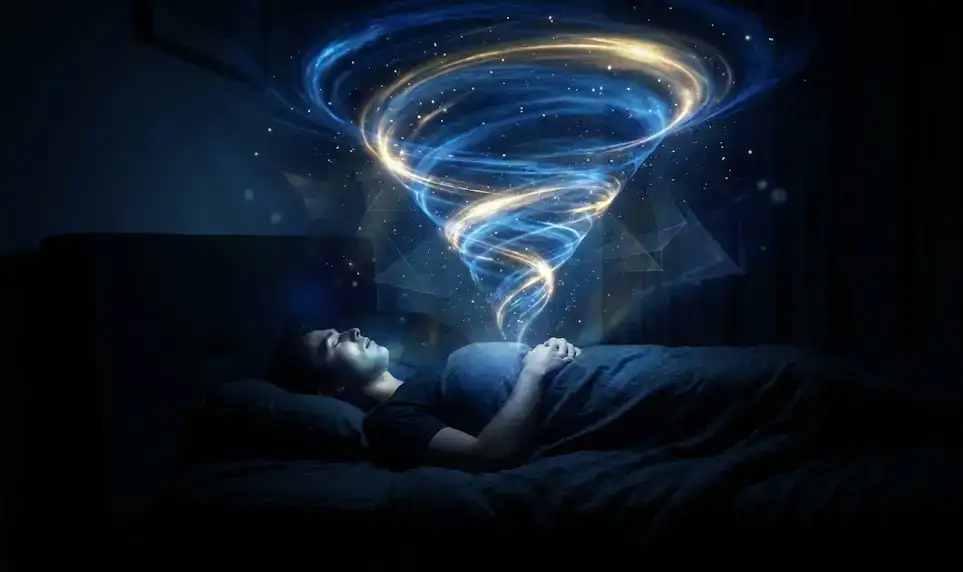 Человек в состоянии сонного паралича, над ним открывается энергетический портал в астрал.