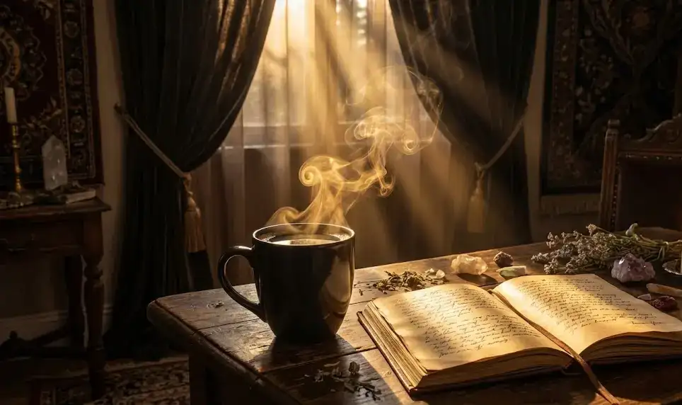 Ведение Дневника как Инструмент Самопознания: 7 Техник для Диалога с Душой 3 Уютное утро: чашка дымящегося кофе и открытый блокнот с исписанными страницами в лучах солнца.