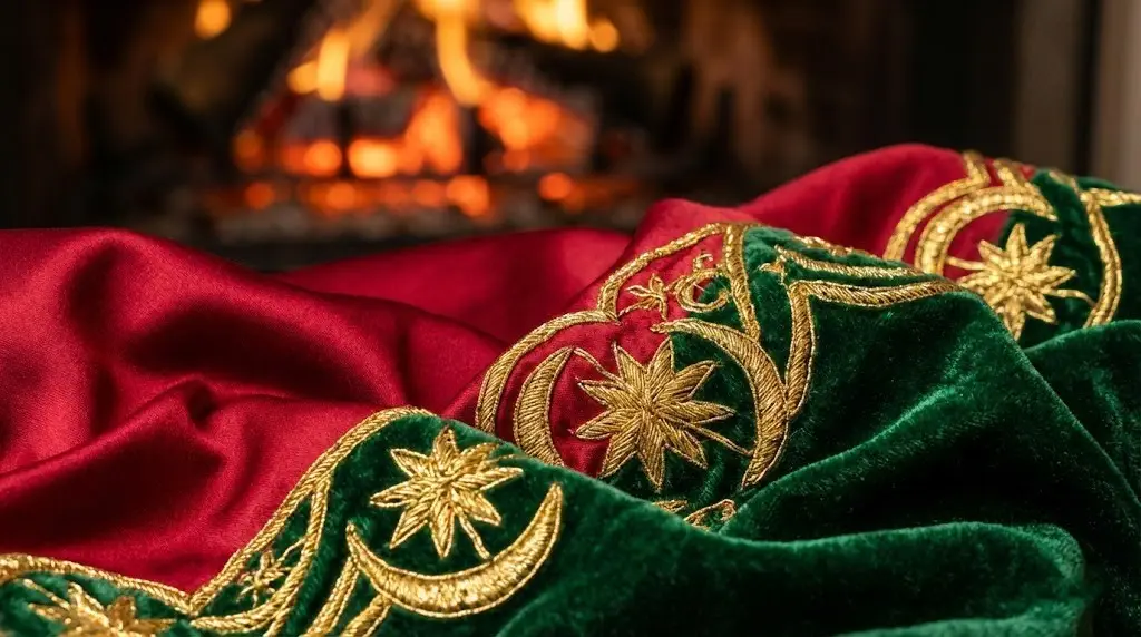 Роскошные ткани красного и зеленого цвета для новогоднего образа